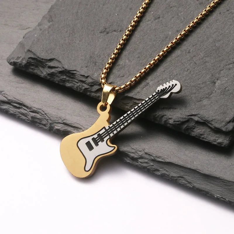 Titanium Steel Guitar Pendant Necklace – Gold Bead Chain for Men