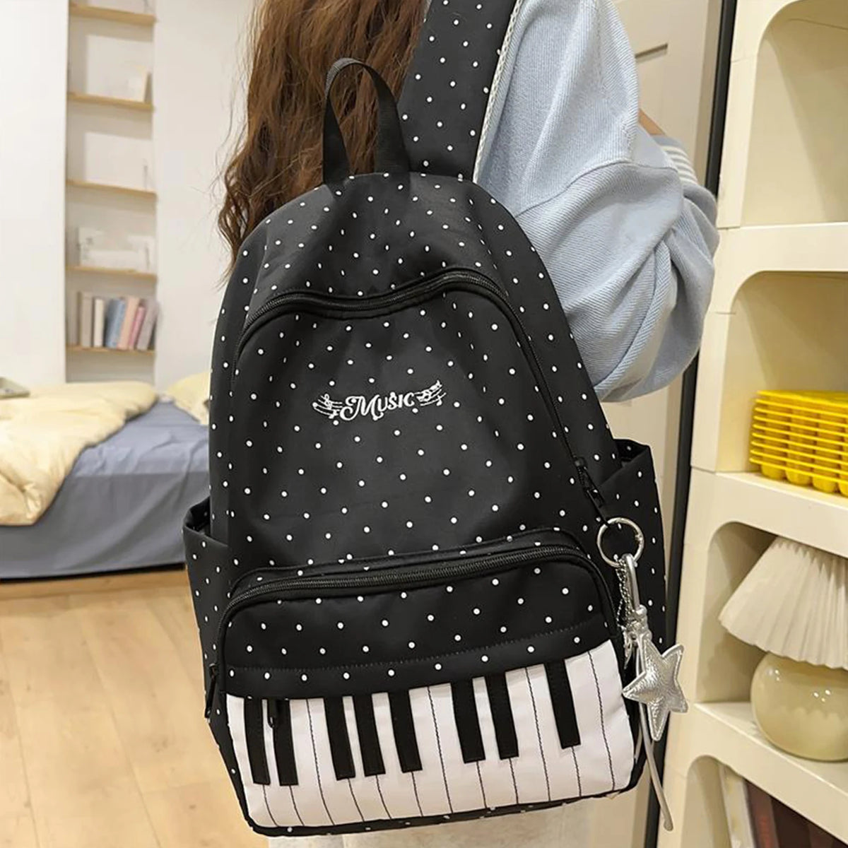Women's Nylon Backpack Polka Dot Piano Key Design with Pendant