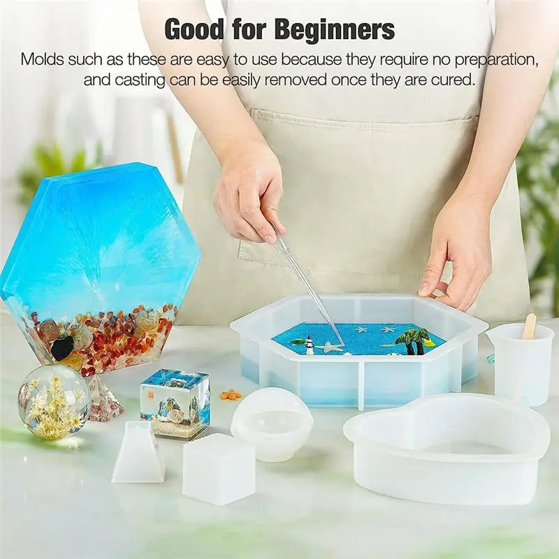 Large Silicone Resin Molds Kit – Hexagon, Heart, Sphere 16pc Set