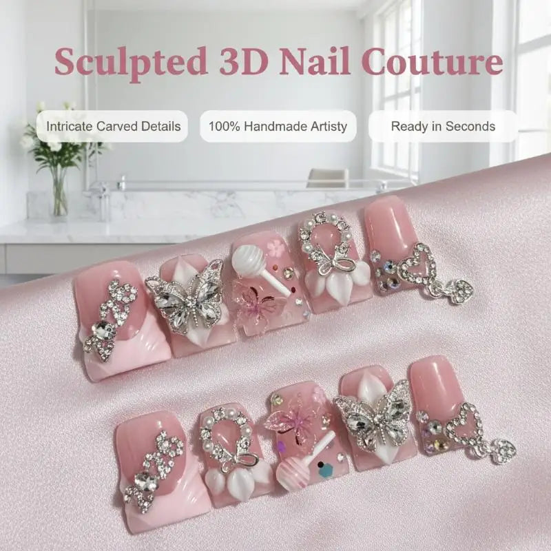 10Pcs French Tip Press-On Nails 3D Butterfly Duck Bill Short False Nails