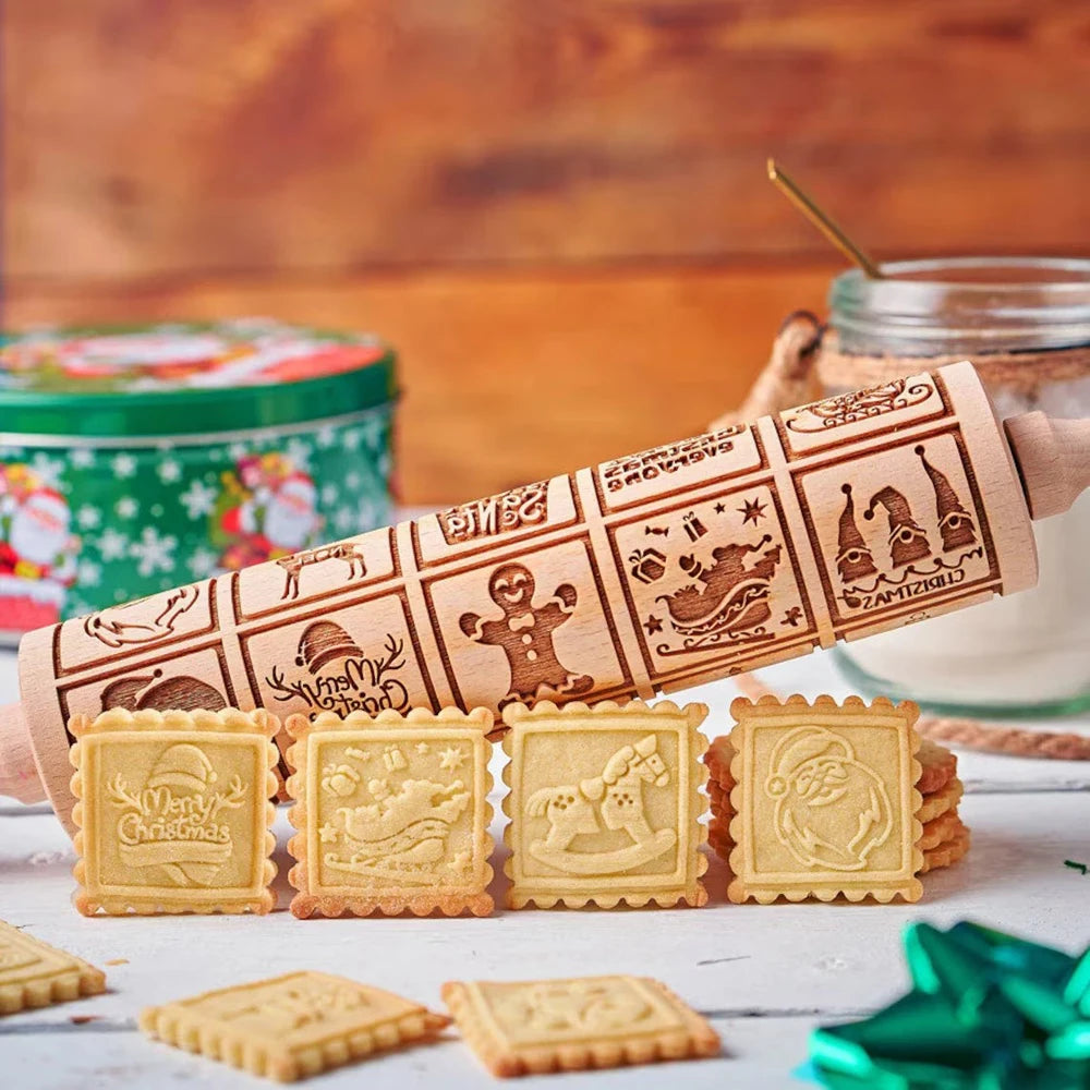 Arjmide 20-Grid Christmas Embossed Wooden Rolling Pin 13.7"