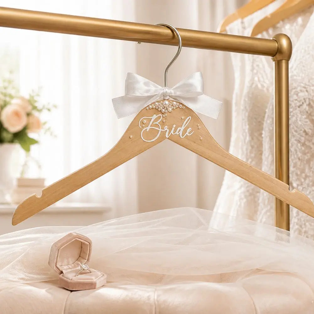 Wooden Bride Hanger Faux Pearl Butterfly Knot Wedding Dress
