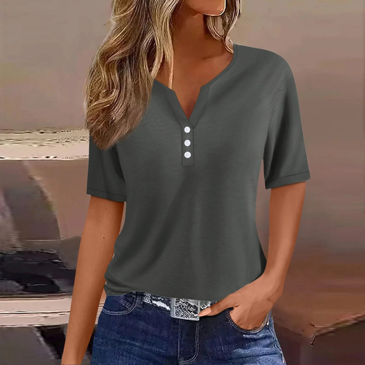 Women's V-Neck Button T-Shirt Loose Casual Top Plus Size S–XXXL
