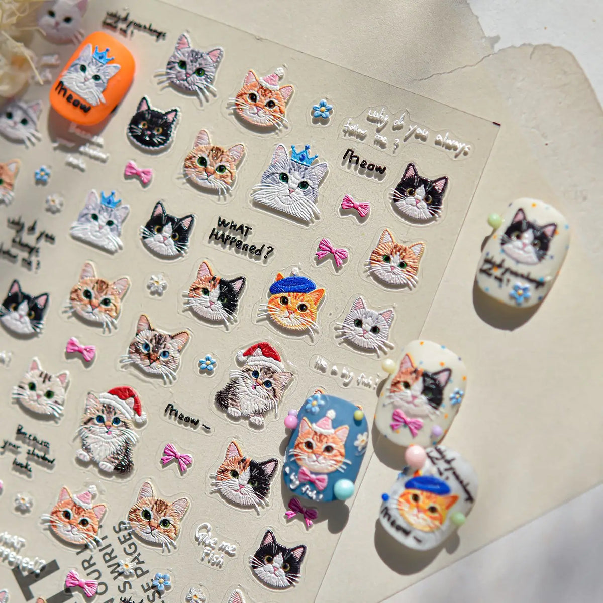 5D Embossed Nail Stickers – Dog Bow Flower Self-Adhesive Decals