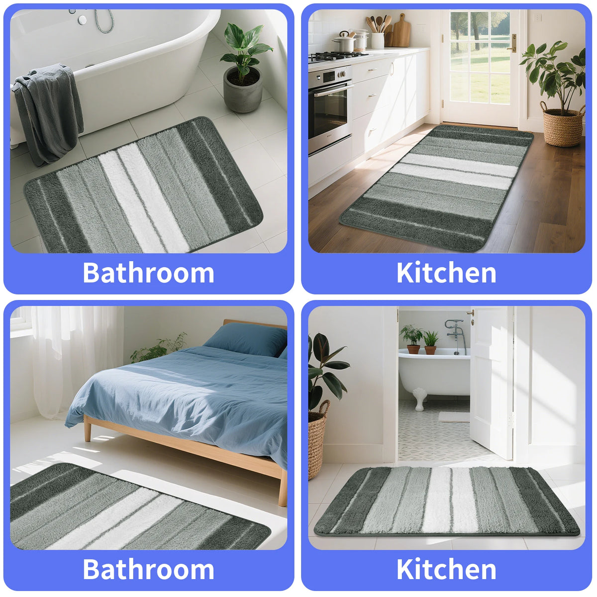 Striped Microfiber Bath Mat Set – Non-Slip Absorbent Shower Rugs