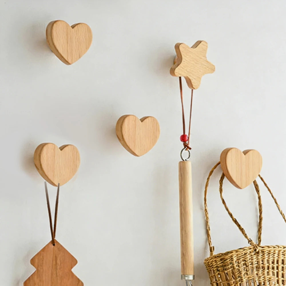 Wooden Heart Shaped Wall Hooks – Adhesive & Screw Mount