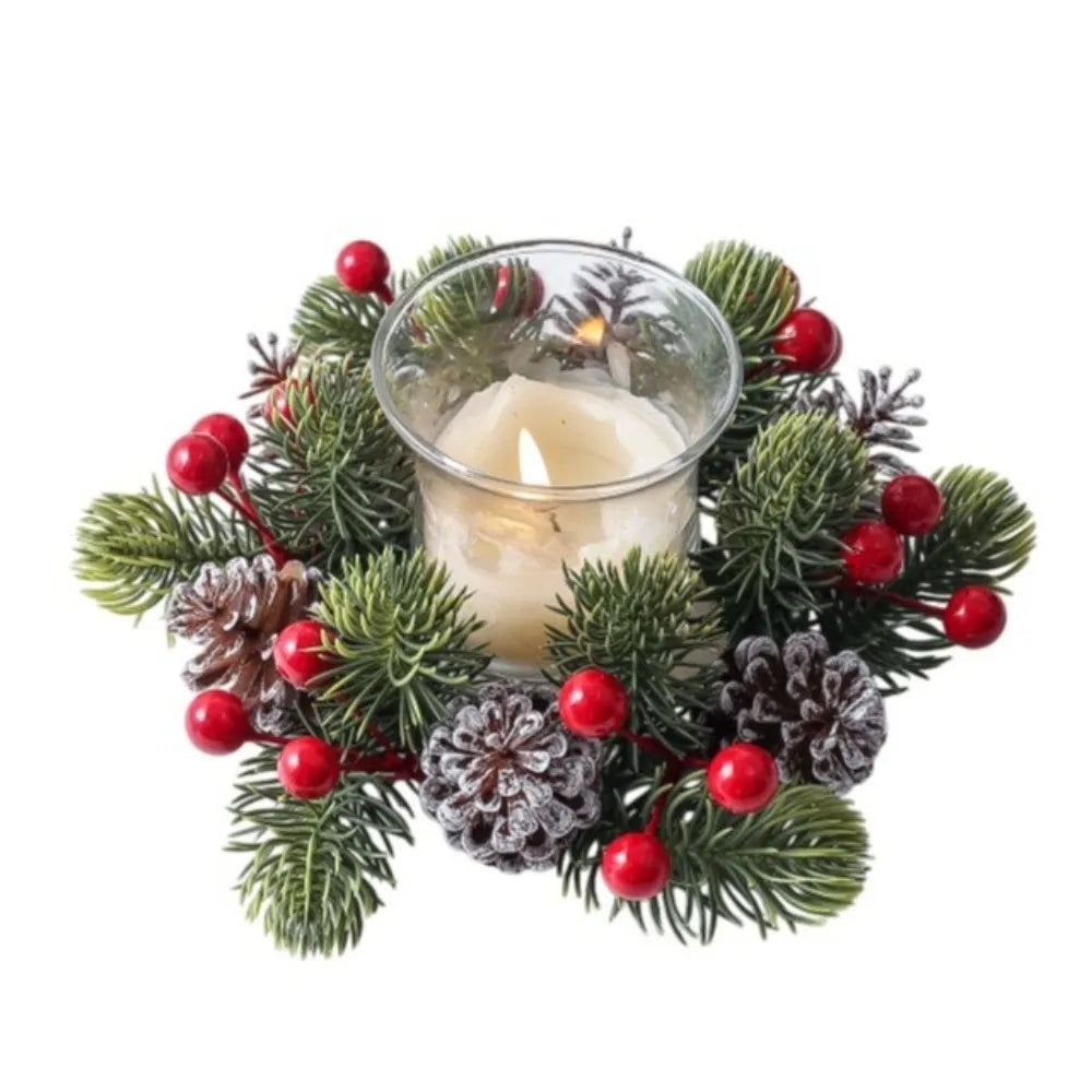 Christmas Pine Cone Red Berry Candle Wreath Table Centerpiece