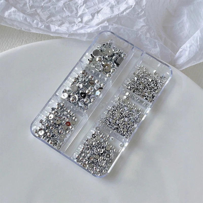 3D Gold & Silver Half Round Nail Art Studs – 6-Grid Box