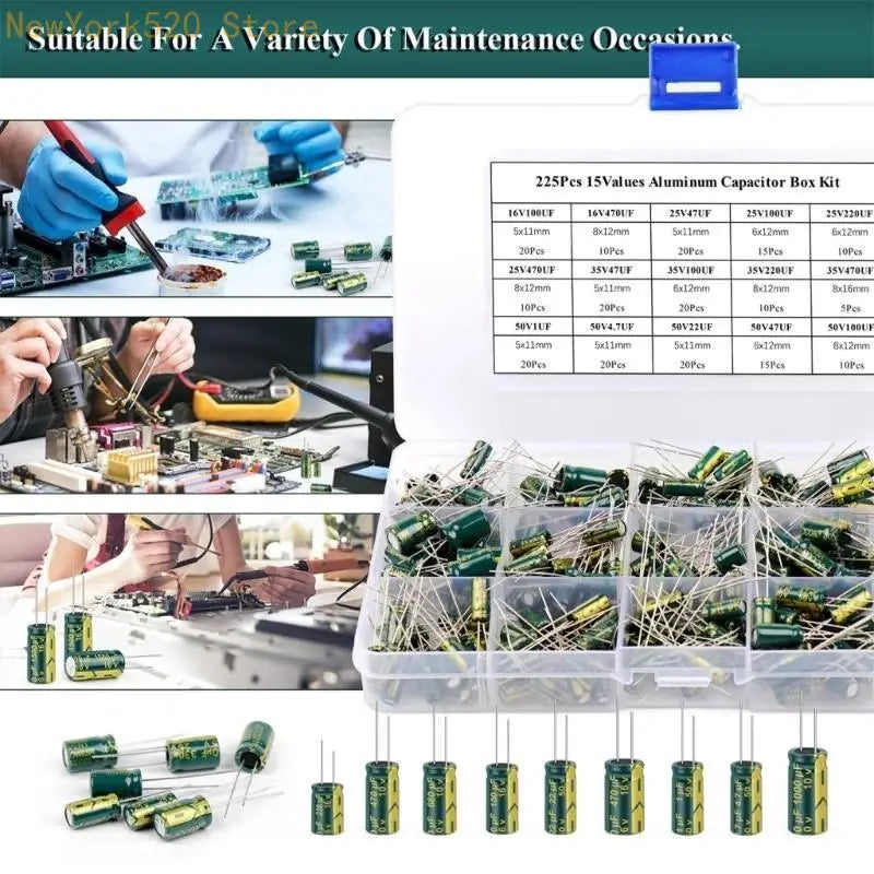 225PCS Aluminum Electrolytic Capacitor Kit – 15 Values 16V–50V