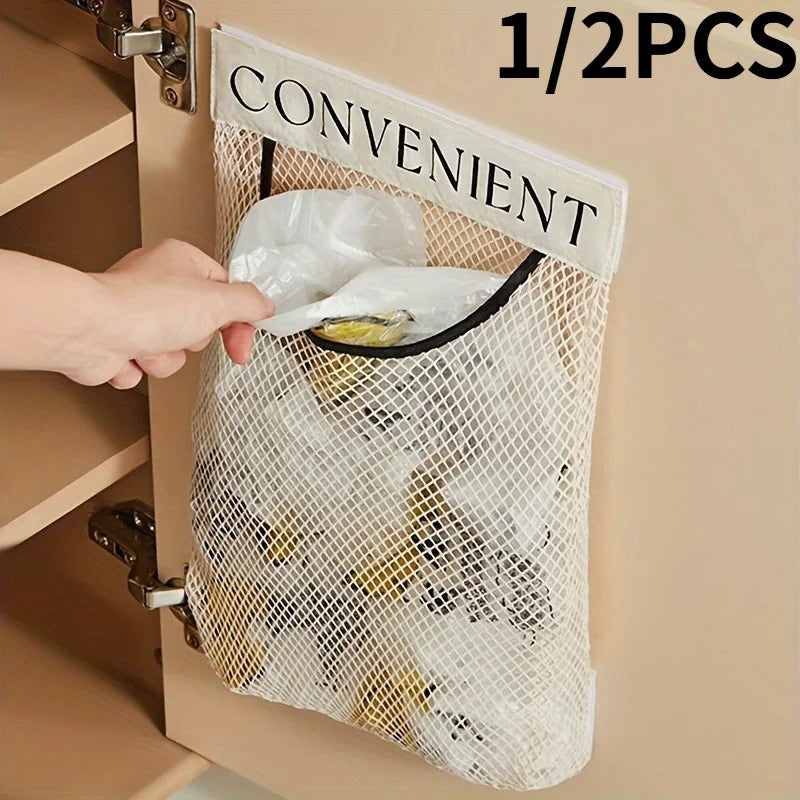Wall-Mounted Plastic Bag Holder – Elastic Storage Net 1-2 Pack