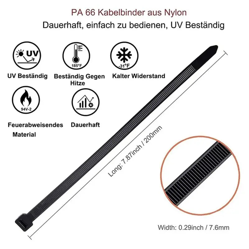 Black UV Resistant Nylon Cable Ties 300mm x 7.6mm 200 Pack