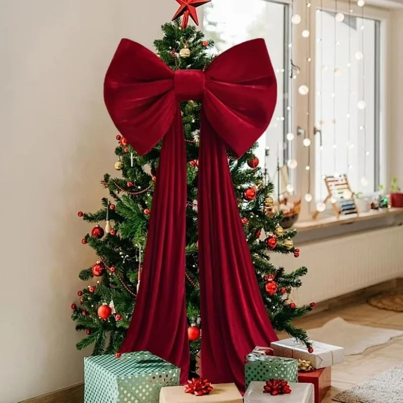Large Velvet Christmas Tree Bow with Long Tails – 6 Pack