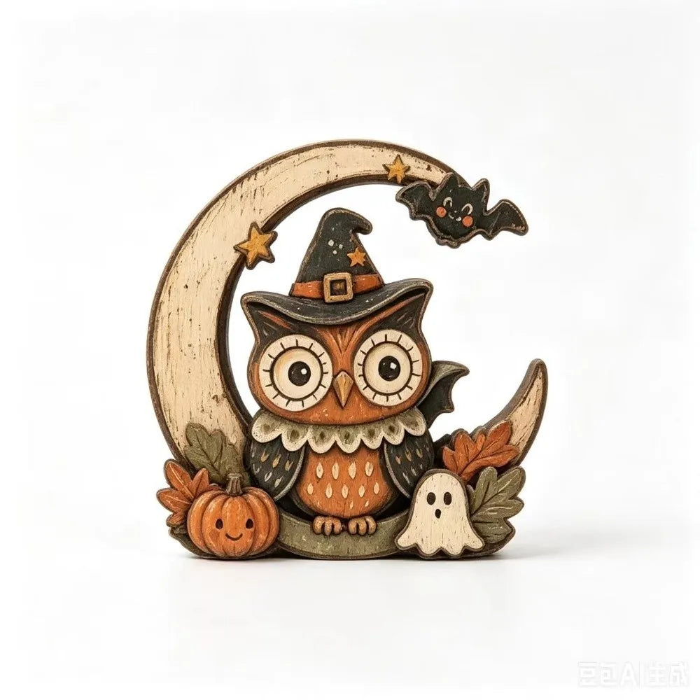 Halloween Wooden Tabletop Sign – Ghost, Pumpkin, Owl & Cat