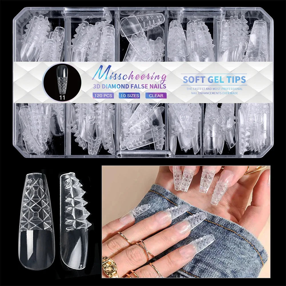 3D Diamond Press-On Nails – 120pc Full Cover Sculpted Nail Tips