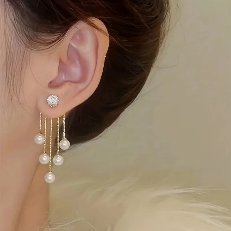Pearl Tassel Drop Earrings 925 Silver Needle – Set of 2