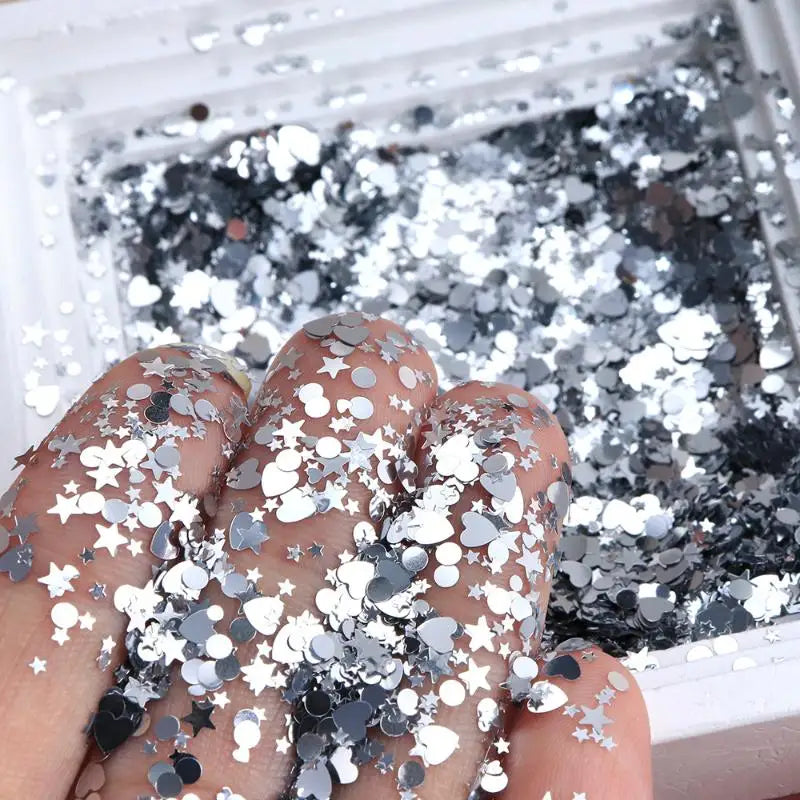 6-Grid 3D Nail Charms – Silver Glitter Love Star Nail Gems