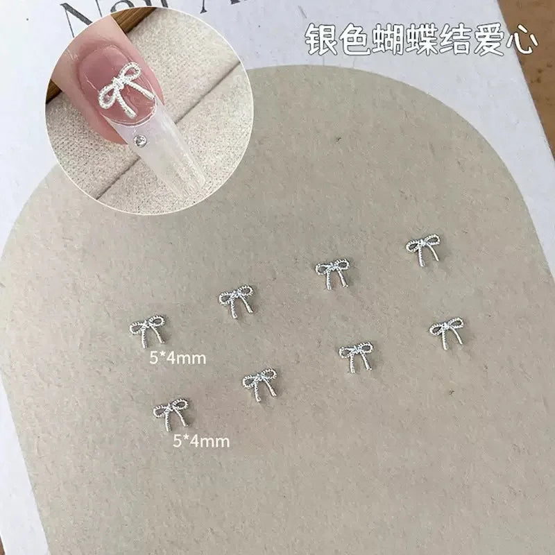 50pcs 3D Alloy Bow Heart Nail Charms Silver DIY Nail Art