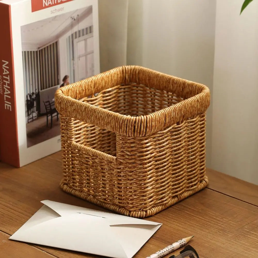 Handwoven Rattan-Style Plastic Wicker Storage Basket Organizer