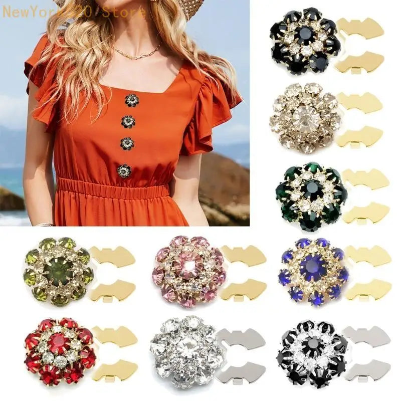 Rhinestone Flower Button Covers – Detachable Shirt Clips