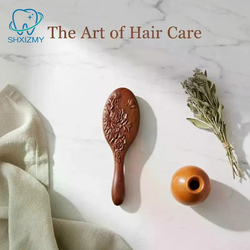 Hand Carved Sandalwood Wooden Air Cushion Comb & Scalp Brush