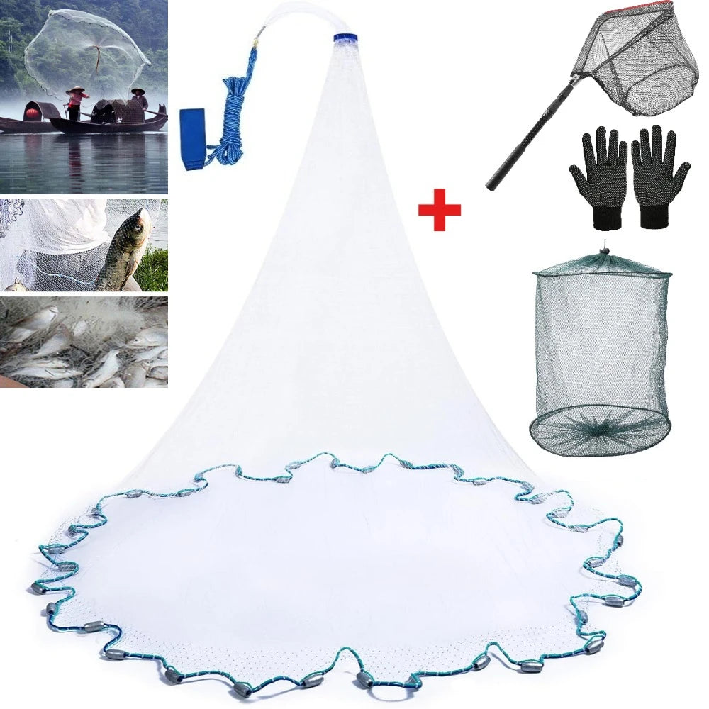Saltwater Fishing Cast Net 3–10ft Radius with Sinkers & Gloves