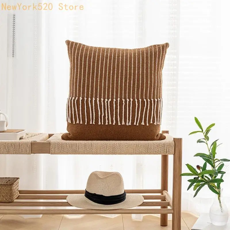 Boho Morocco Tufted Pillow Cover Woven Knit Fringe Tassel