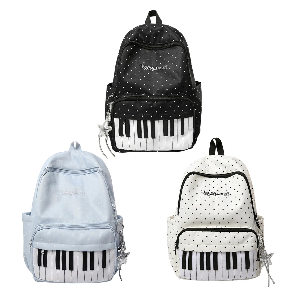 Women's Nylon Backpack Polka Dot Piano Key Design with Pendant