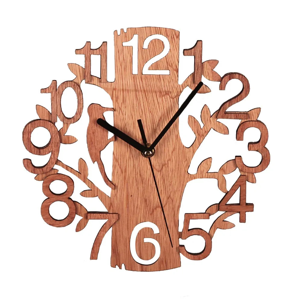 10" Round Wooden Wall Clock Silent Sweep Tree & Bird Cutout