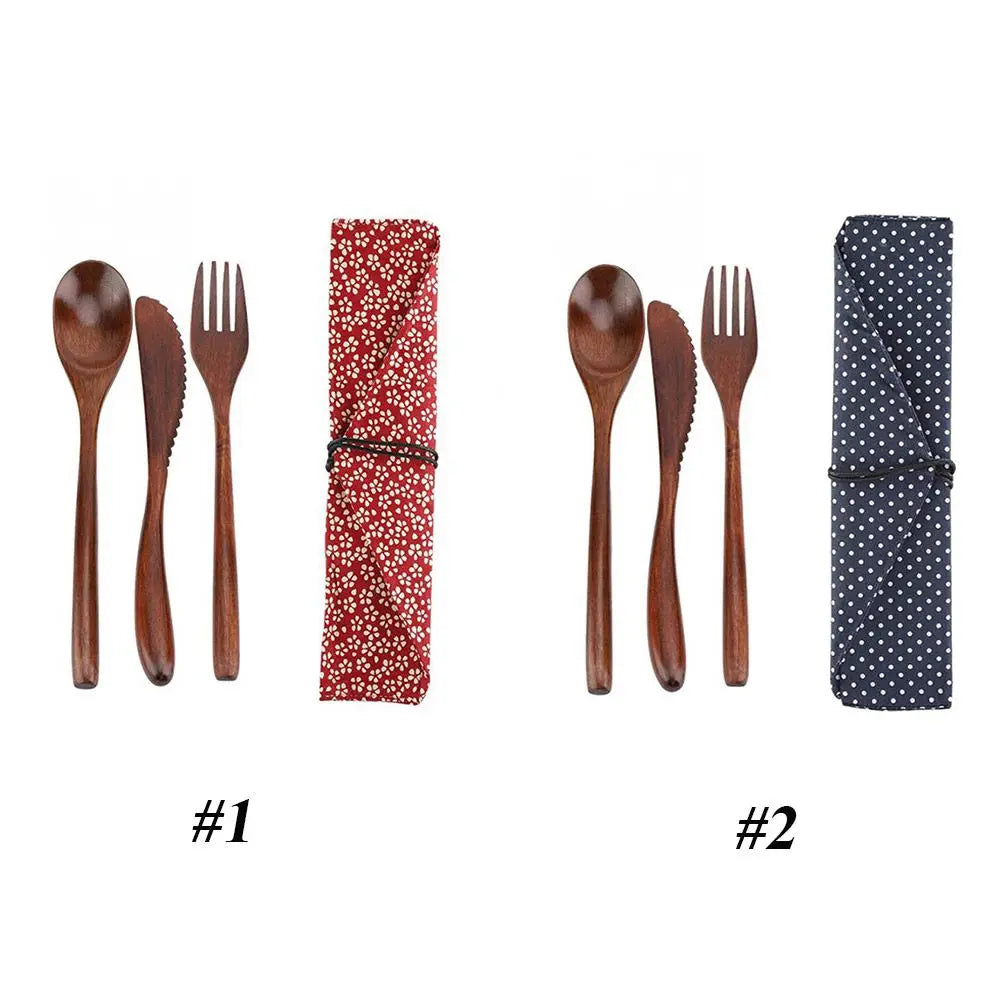 Reusable Wooden Cutlery Set – Knife Fork Spoon with Carry Bag