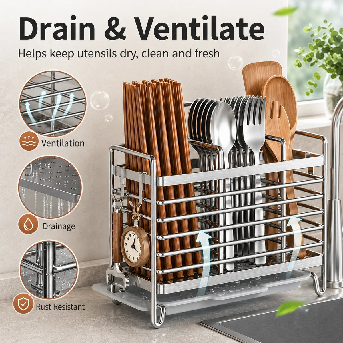 Stainless Steel Cutlery Organizer Drain Rack & Chopstick Holder