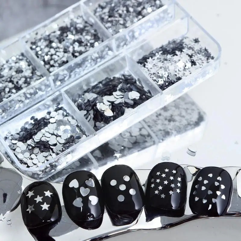 6-Grid 3D Nail Charms – Silver Glitter Love Star Nail Gems