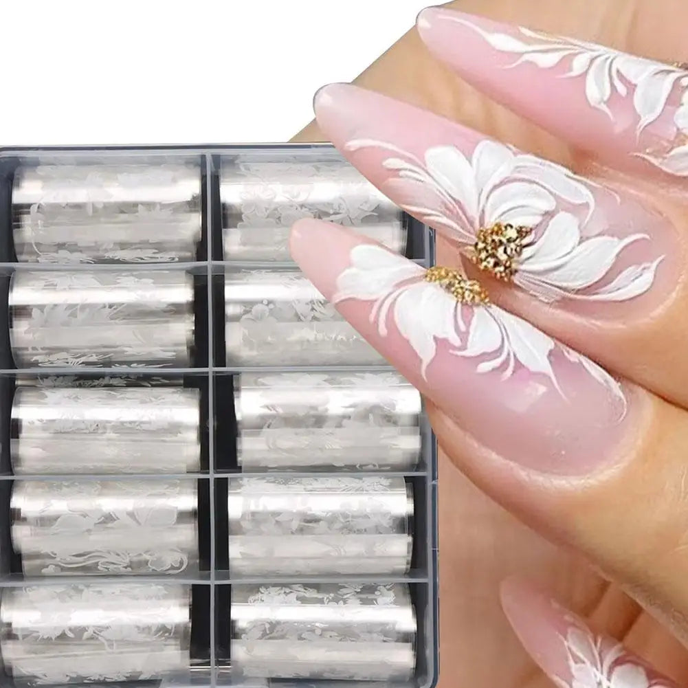 10-Roll Pink Checkered Nail Transfer Foils & Decals Set