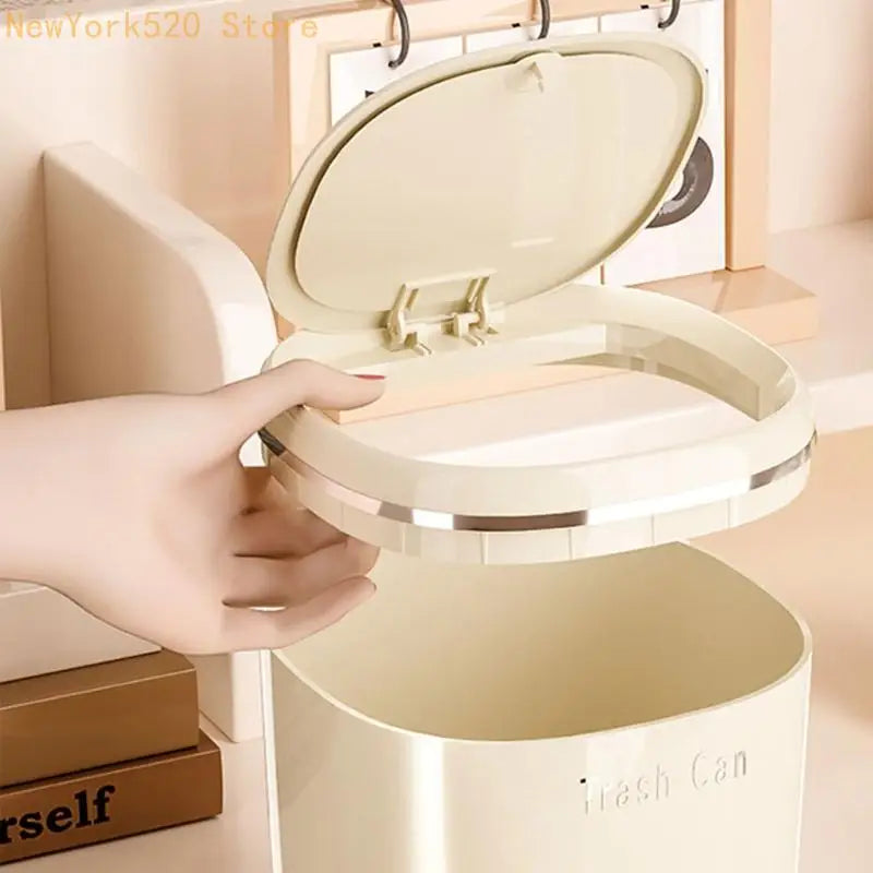 Mini Flip-Lid Trash Can – Compact Cream Desk Waste Bin
