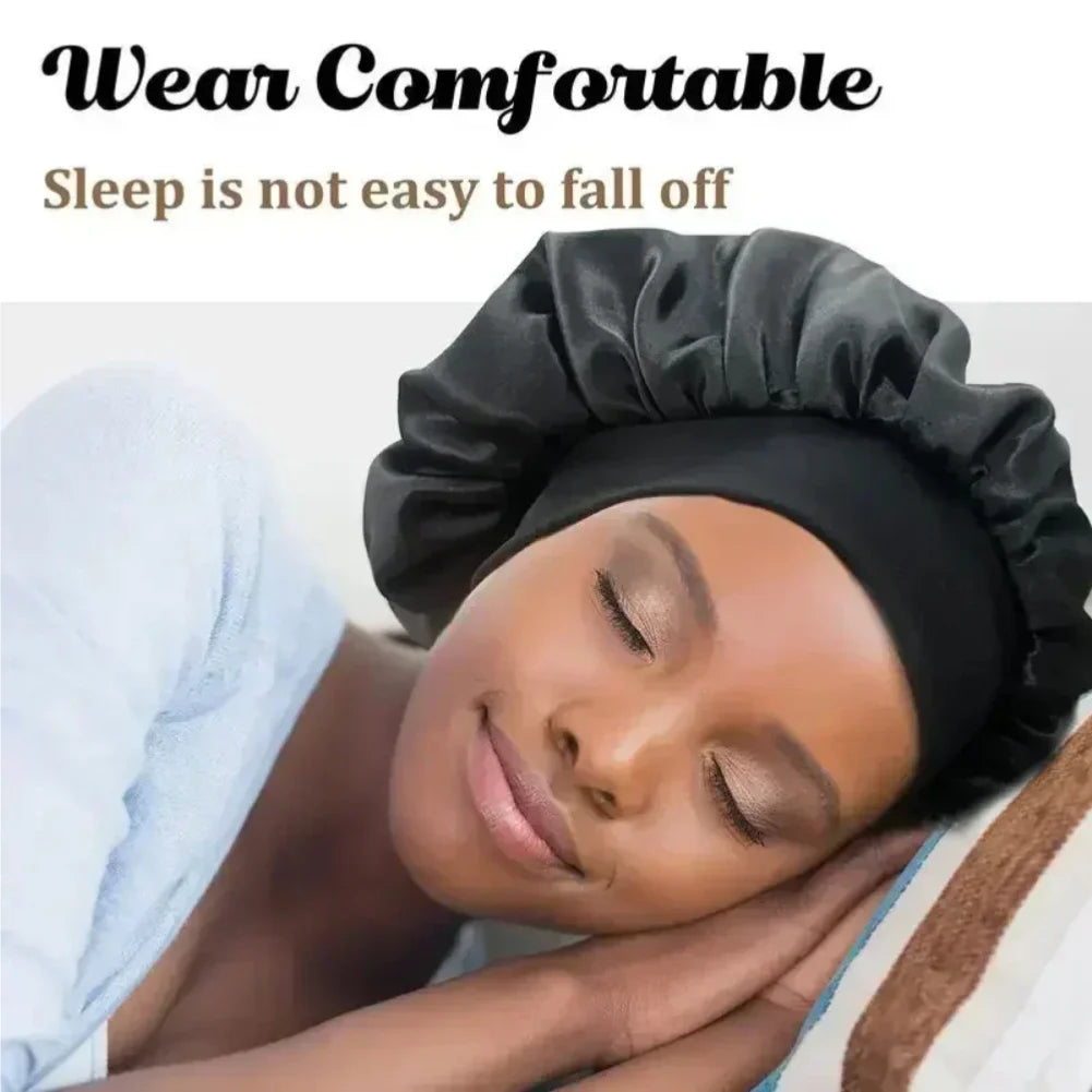 Satin Nightcap Wide-Brim Sleep Cap with Elasticated Band