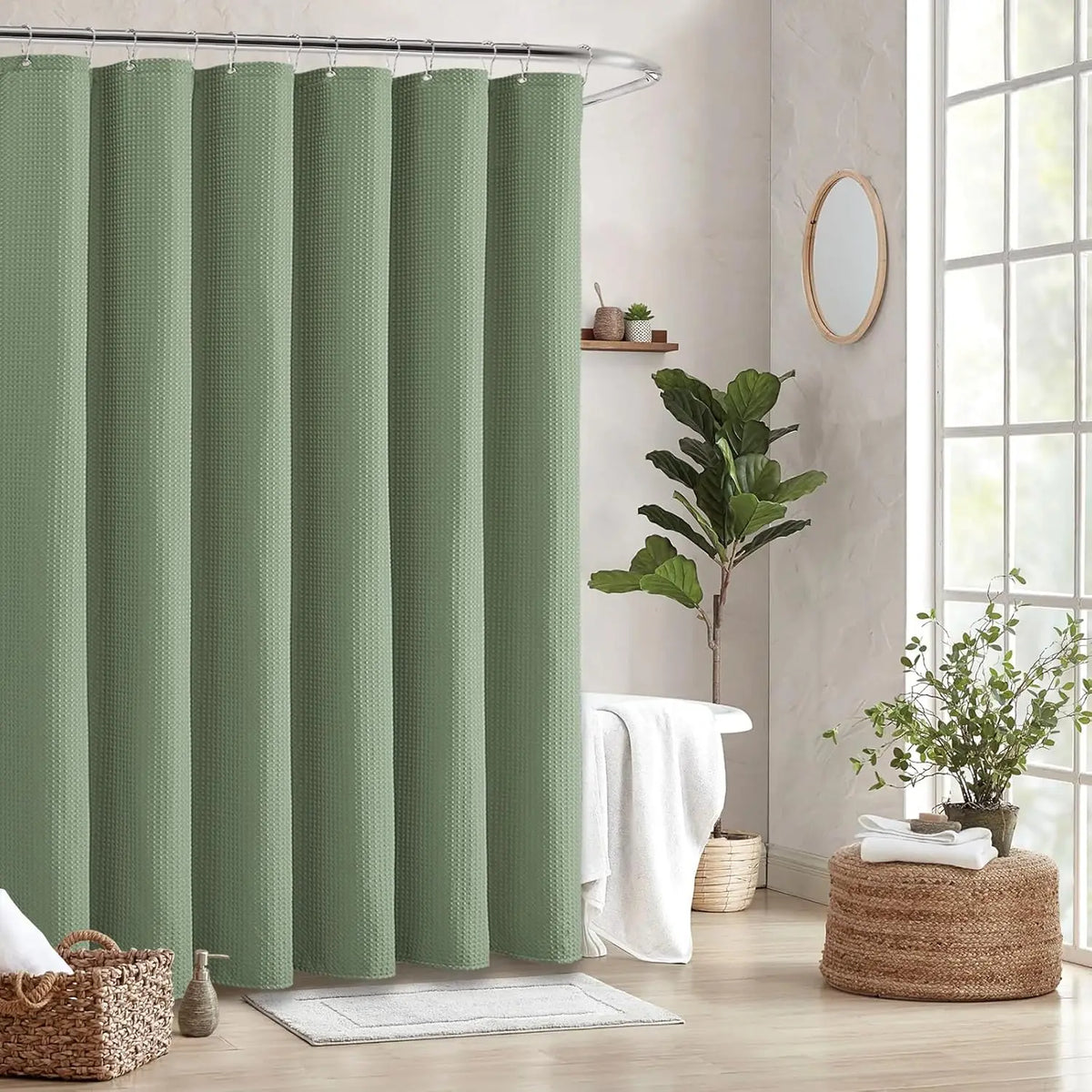 Waffle Shower Curtain 180x180cm with 12 Metal Hooks – Waterproof