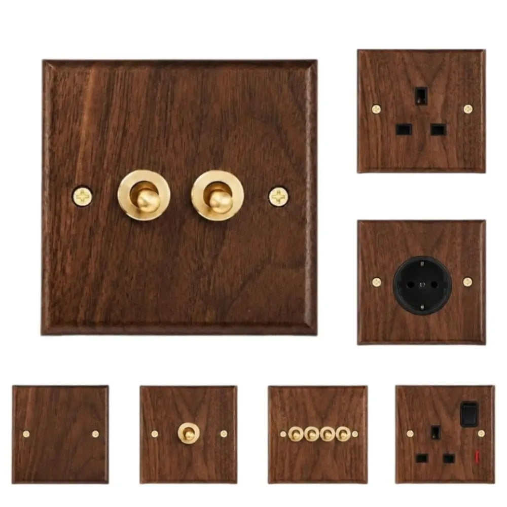 86 Type Walnut Wood Toggle Switch Panel – Brass Lever
