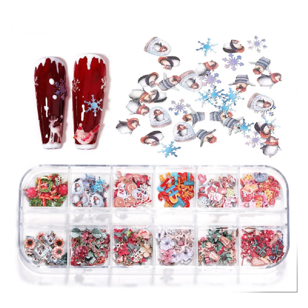 12-Grid Autumn Leaf Nail Sequins & Floral Charm Decoration Set