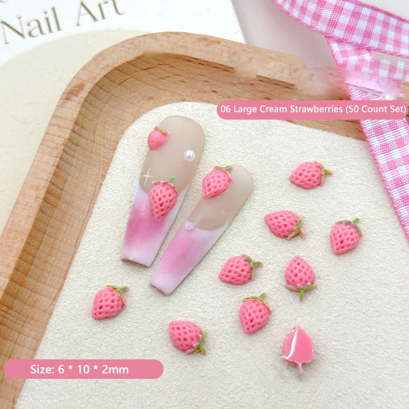 50PCS 3D Strawberry Nail Charms Resin Fruit DIY Nail Art Decor