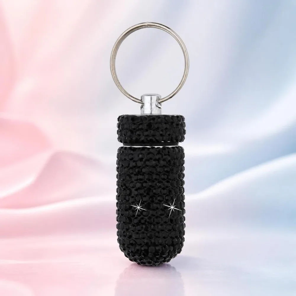 Rhinestone Keychain Pill Case – Waterproof Aluminum Holder