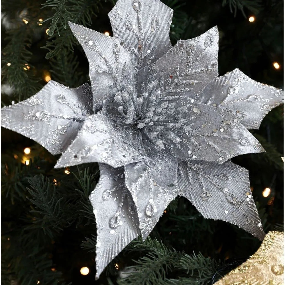 29cm Glitter Poinsettia Artificial Christmas Flower – Gold & Red