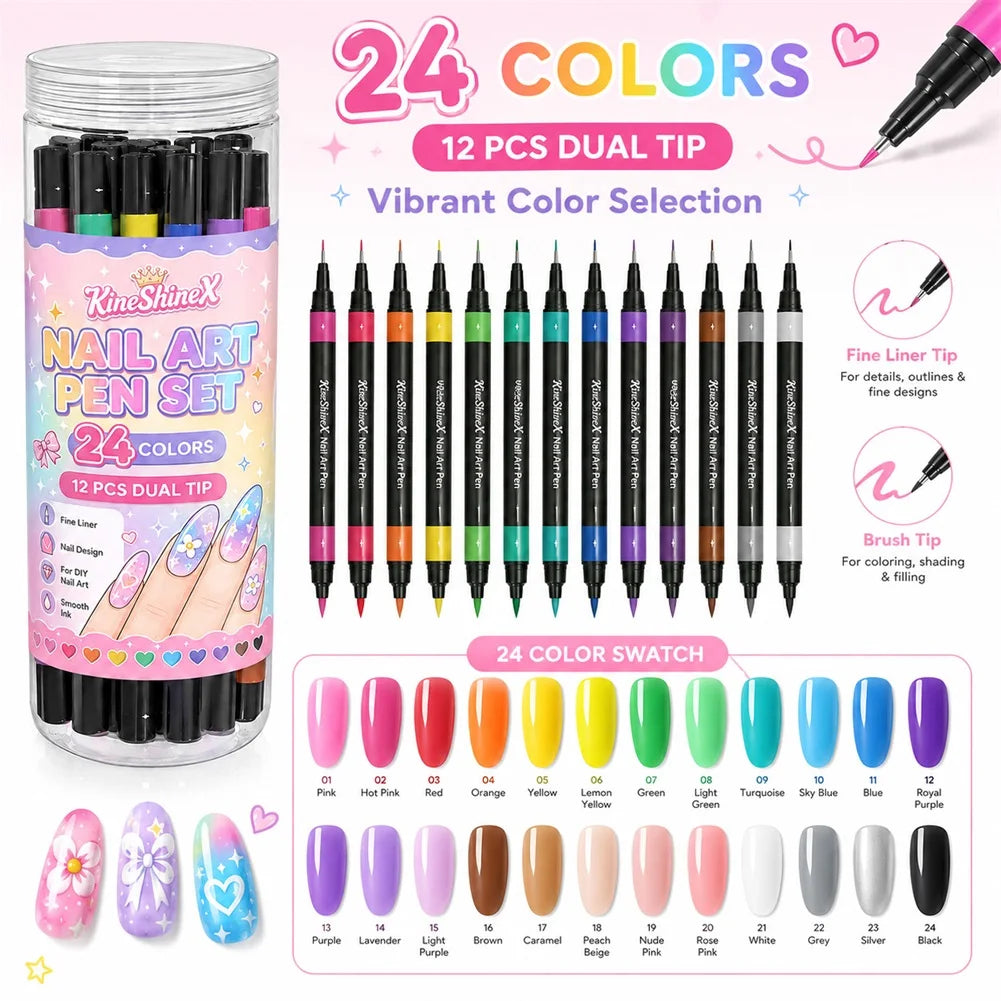KRIATH 24-Color Dual-Tip Nail Art Pen Set – 12 Pcs Fine Liner