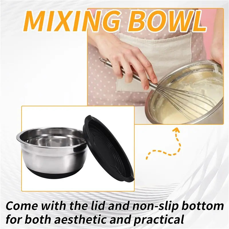 Stainless Steel Mixing Bowls Set with Lids & Non-Slip Base