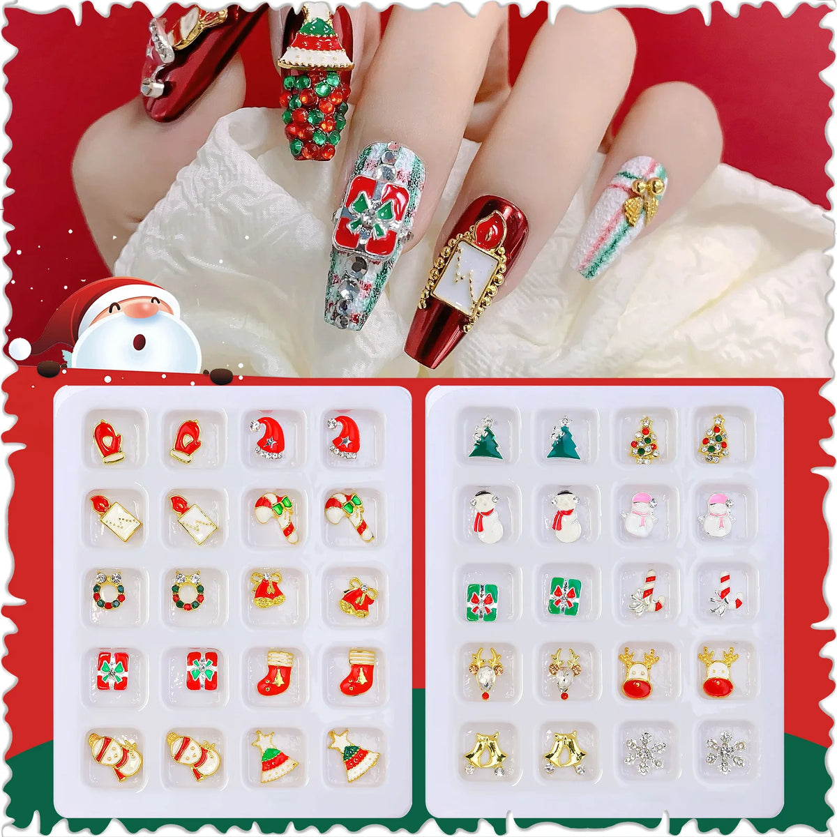 20-Grid Christmas Nail Charms – Santa Snowman Elk Xmas Set