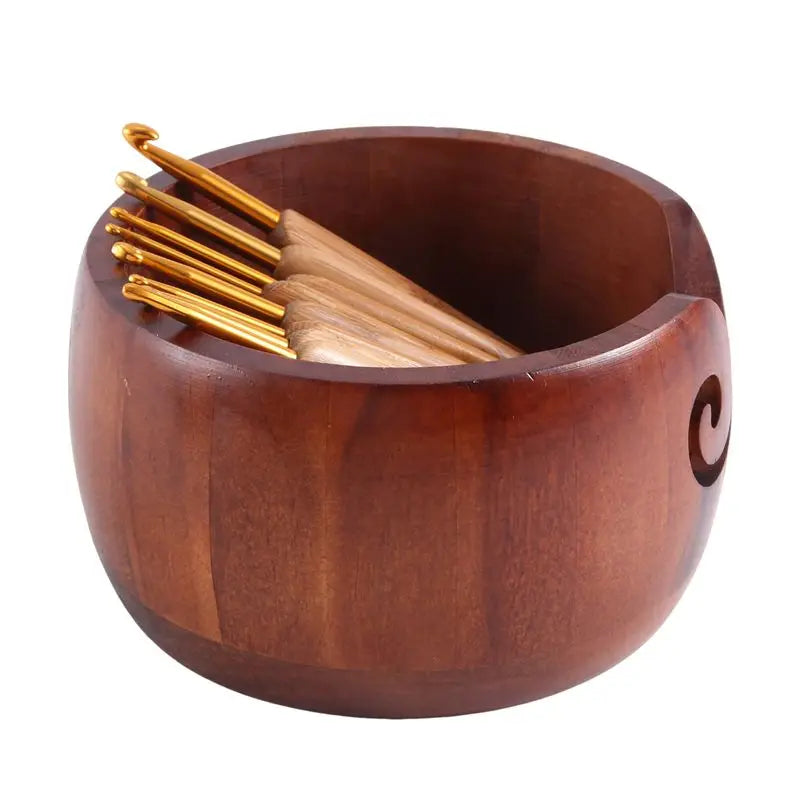 Wooden Yarn Bowl with 8 Crochet Hooks – Knitting Bowl Set