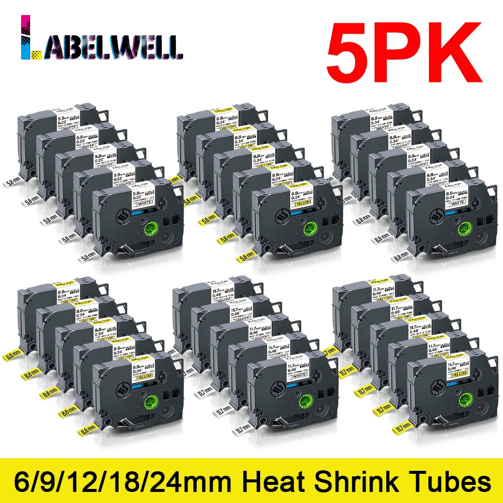 Labelwell 5-Pack HSe Heat Shrink Tube Tapes for Brother P-Touch