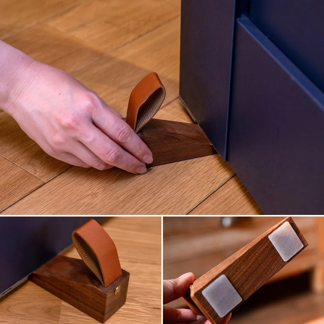 Solid Wood Door Stopper Decorative Wedge with Leather Strap