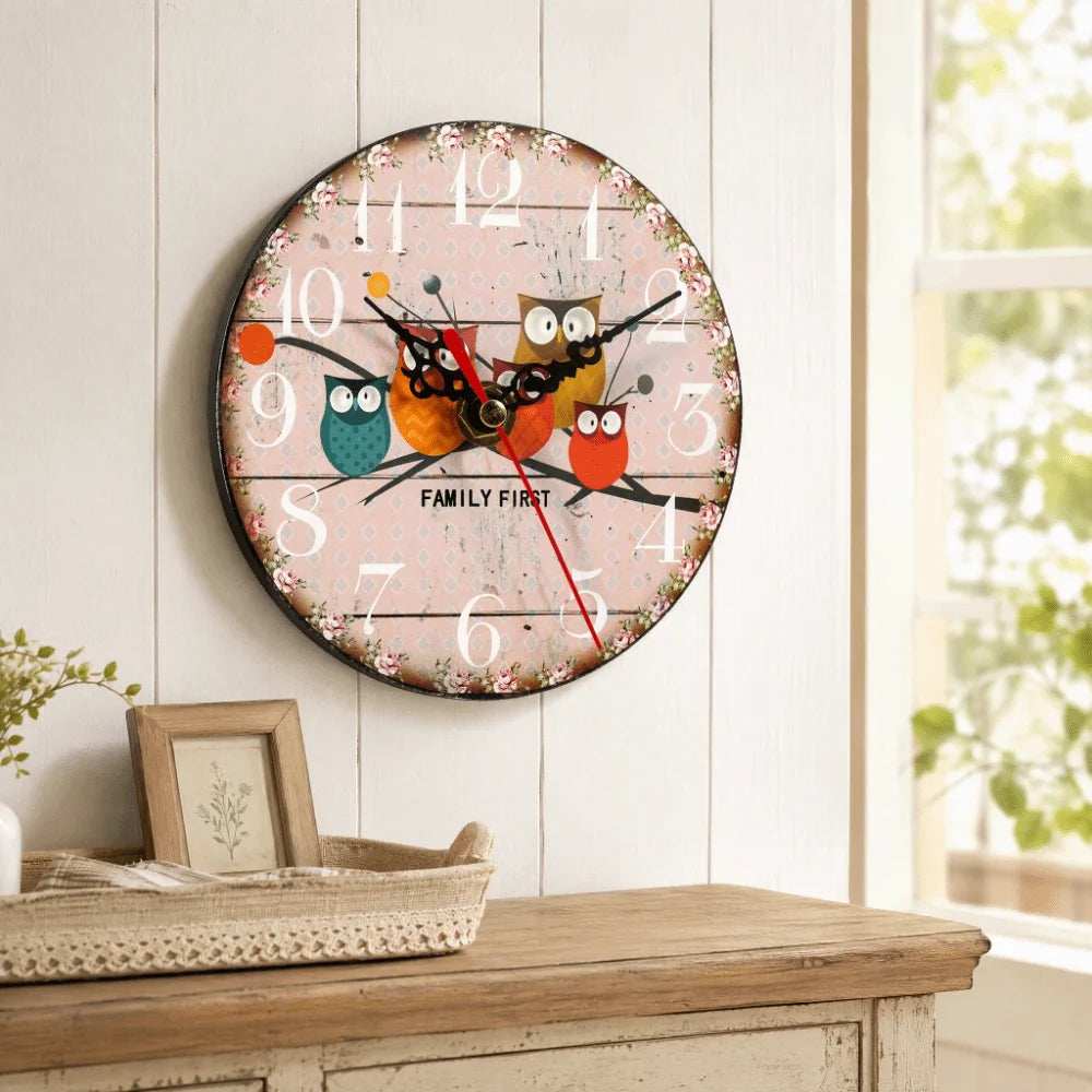 Wooden Owl Wall Clock 4.72in Round Quartz Desk & Wall Clock