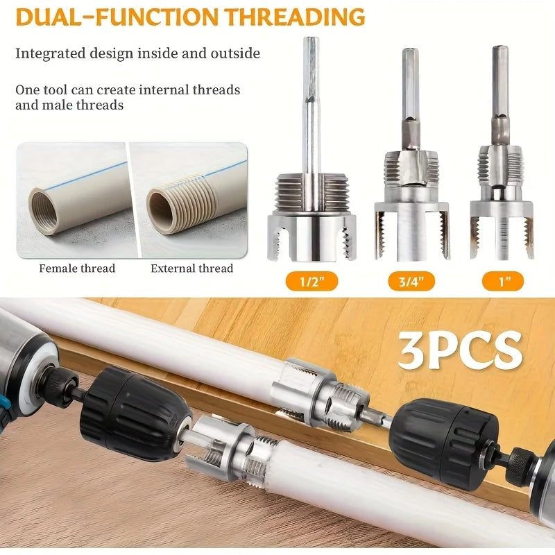 3-Pc Internal & External Pipe Threading Tool – 1/2" 3/4" 1" PVC