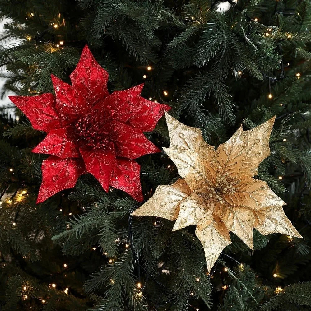 29cm Glitter Poinsettia Artificial Christmas Flower – Gold & Red