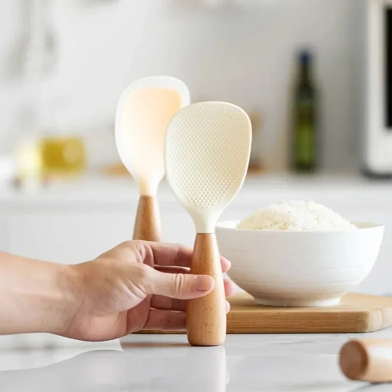 Vertical Silicone Rice Spoon – Non-Stick Wooden Handle